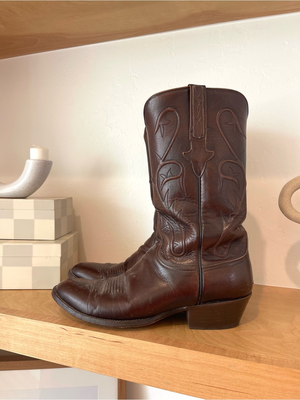 Lucchese Vintage Brown Vines Stitched Embroidered Cowboy Western Boots Size 10.5